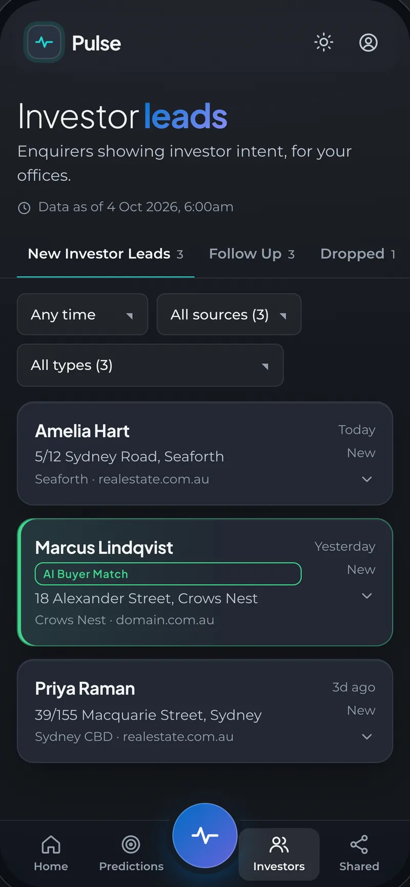 Pulse on a phone: Investor leads - enquirers showing investor intent, sorted into new, follow up and dropped, each with the property they asked about
