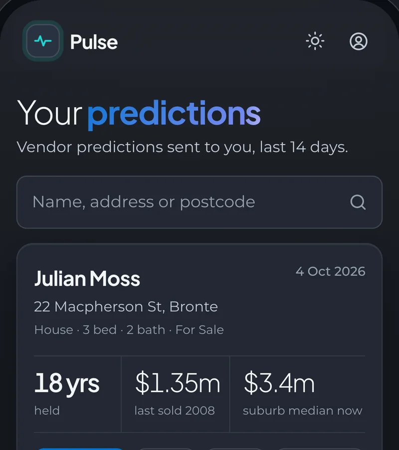 Pulse on a phone: Your predictions - potential vendors with years held, last sale price and the suburb median, and buttons to call, text or email